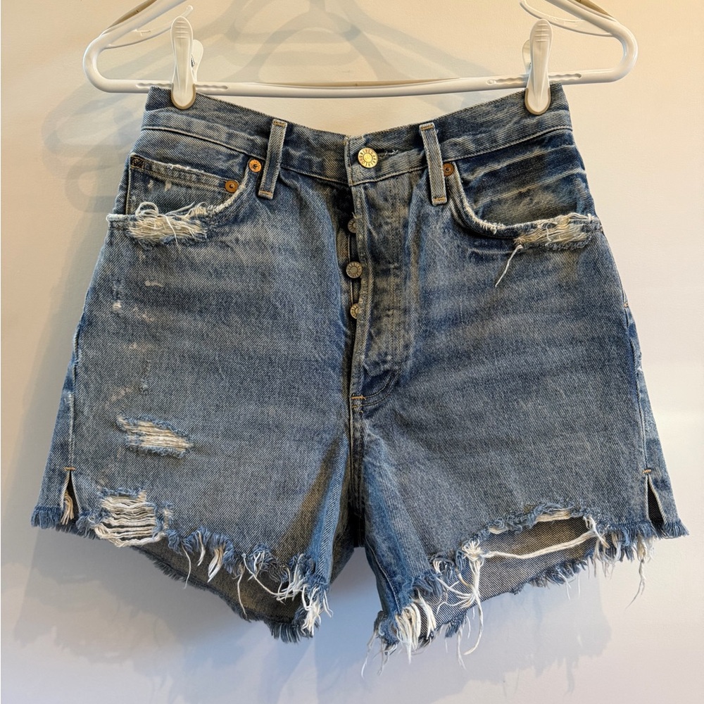 Agolde Dee Distressed High-Rise Denim Shorts - Blue